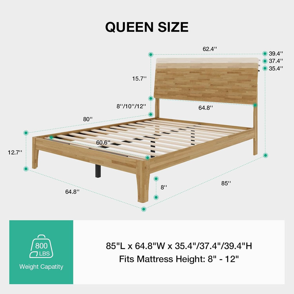 Queen Bed Frame with 3-Level Adjustable Storage Headboard, Solid Wood Platform Bed Frame with Slats, No Box Spring