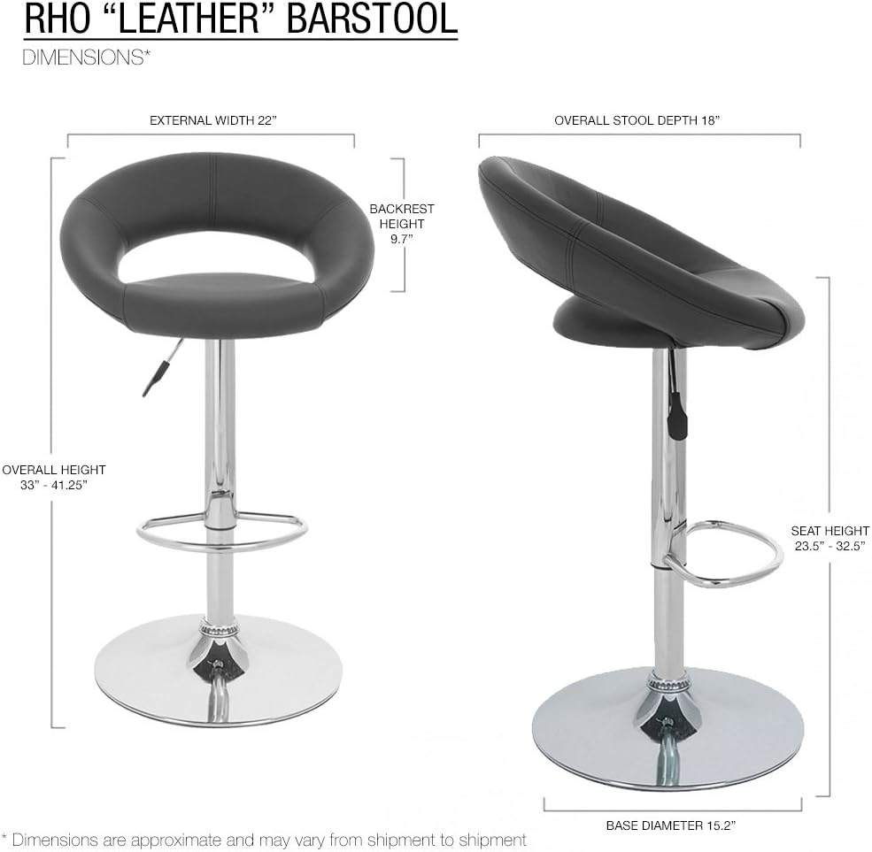 Rho Leather Contemporary Adjustable Height Bar/Counter Stool - Chrome Base/Footrest Barstool (Toffee)