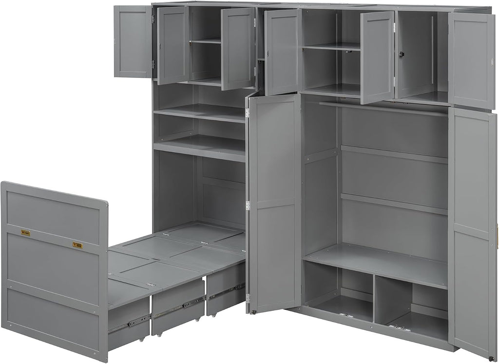 Twin Murphy Cabinet Bed with Wardrobe & 5‑Tier LED Display Shelf, Space-Saving Foldable Wall Bed with Storage Shelves