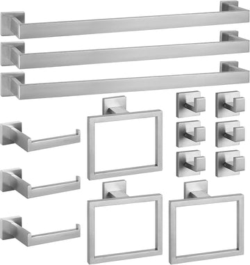 15-Pieces Brushed Nickel Bathroom Hardware Set, 24 inch Towel Bar Set | Towel Bar, Square Towel Ring Toilet Paper
