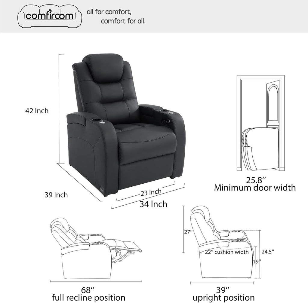 Home Theater Seating Simple Style Top Grain Nappa Leather Recliners Chair Dual Power Movie Gaming Sofa Chair Electric