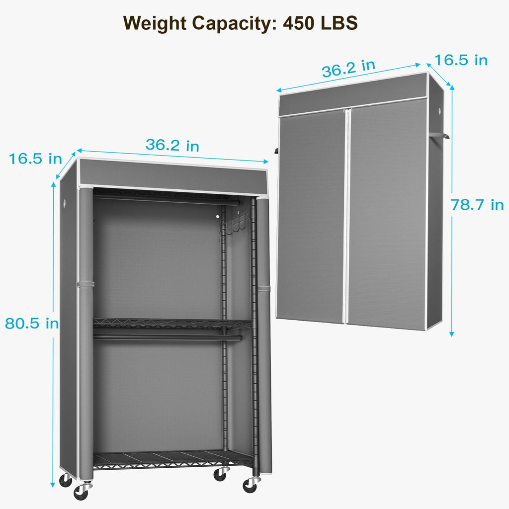 Black Clothing Rack with Dark Gray Cover, P1C Rolling Closets