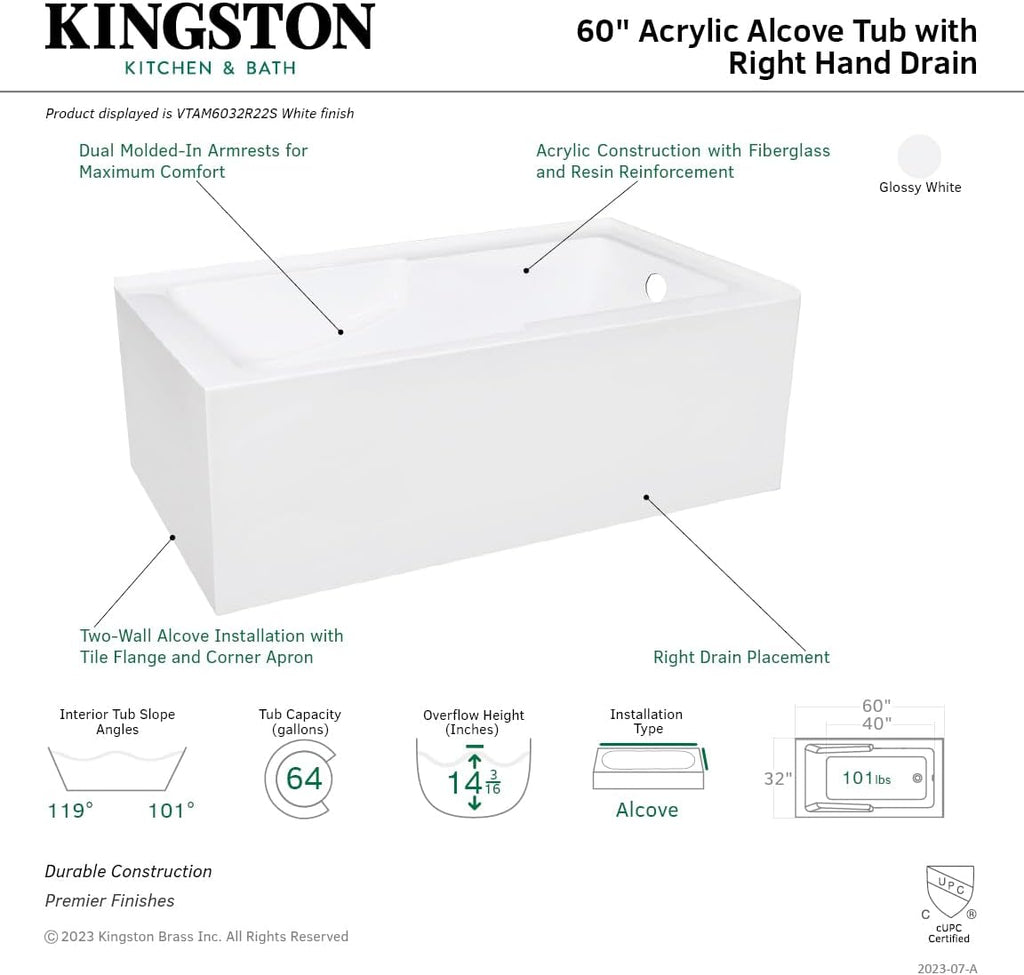 VTAM6032R22S 60-Inch Acrylic 2-Wall Corner Alcove Tub with Corner Apron, Right Hand Drain Hole, White