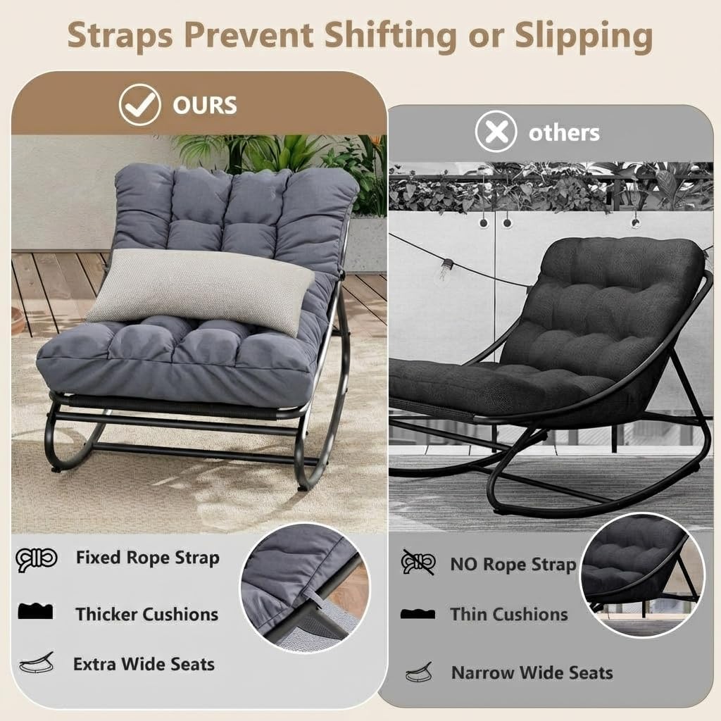Outdoor Papasan Rocking Chair, Oversized Metal Frame Egg Rocker with Thick Waterproof Cushion, 450 lbs, Comfy Lounge