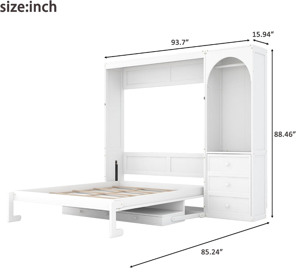 Queen Murphy Bed,Murphy Bed with Storage Shelf,LED Light Closet Rod and 3 Drawers,White