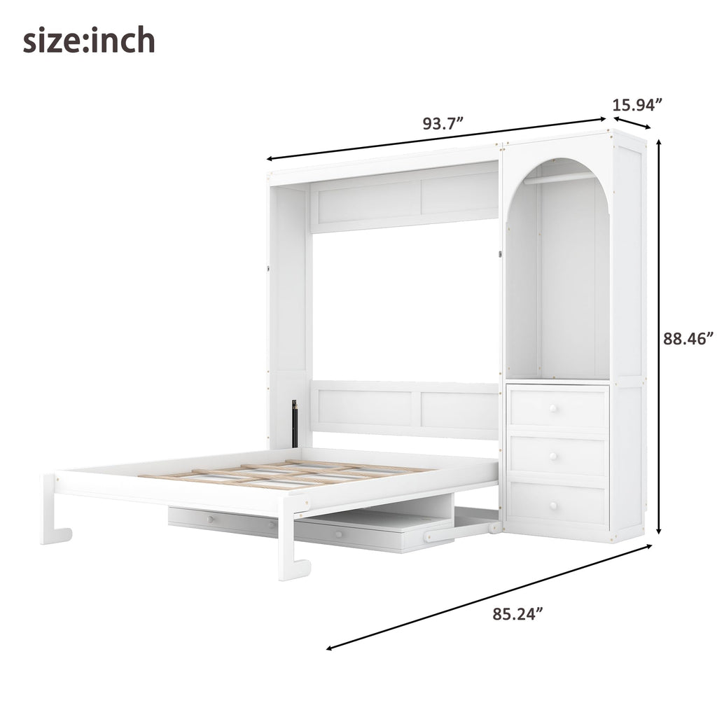 Queen Murphy Bed with Desk and Storage & LED Light, Solid Wood Murphy Wall Bed Cabinet with Storage Drawers &Clothes