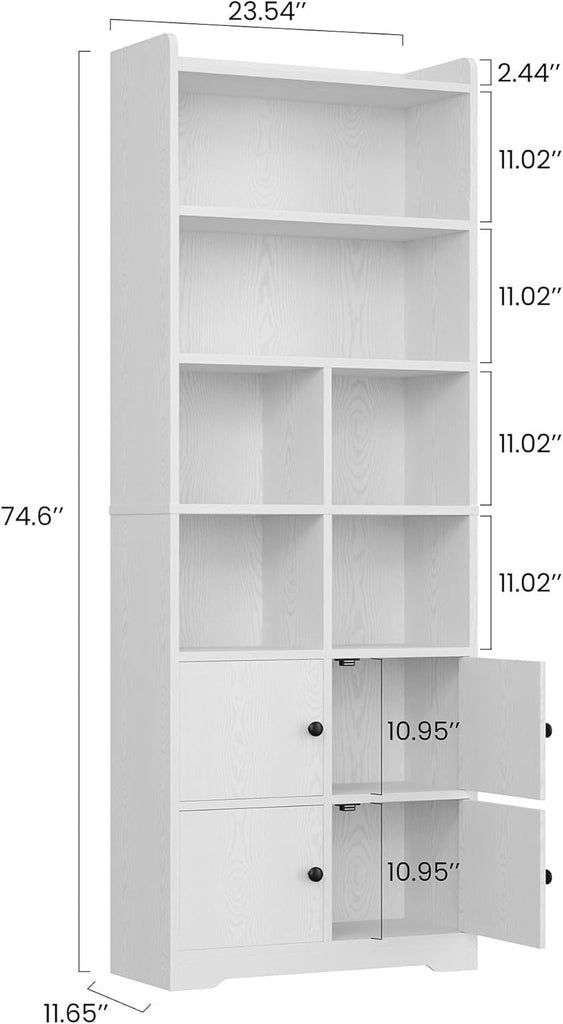 Bookshelf with Doors, Book Shelf with Storage Shelves, 74.6 in Tall Bookcase, White