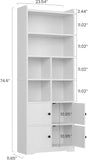 Bookshelf with Doors, Book Shelf with Storage Shelves, 74.6 in Tall Bookcase, White