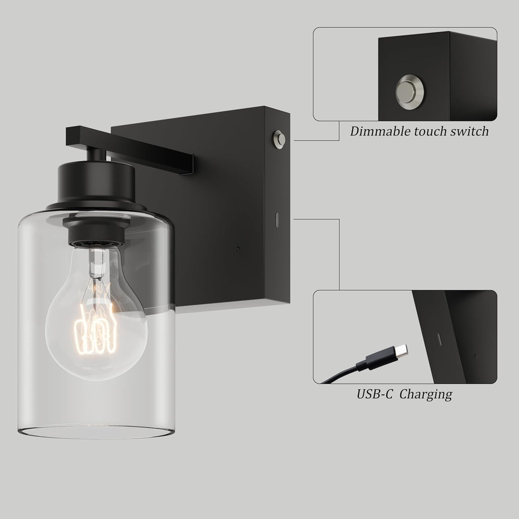 Wireless Battery Operated Wall Sconce Set of Two with Remote Control | Black Dimmable Rechargeable Wall Lights with Timer, Easy Install Glass Lamp for Living Room Bedroom, Emergency 3000K
