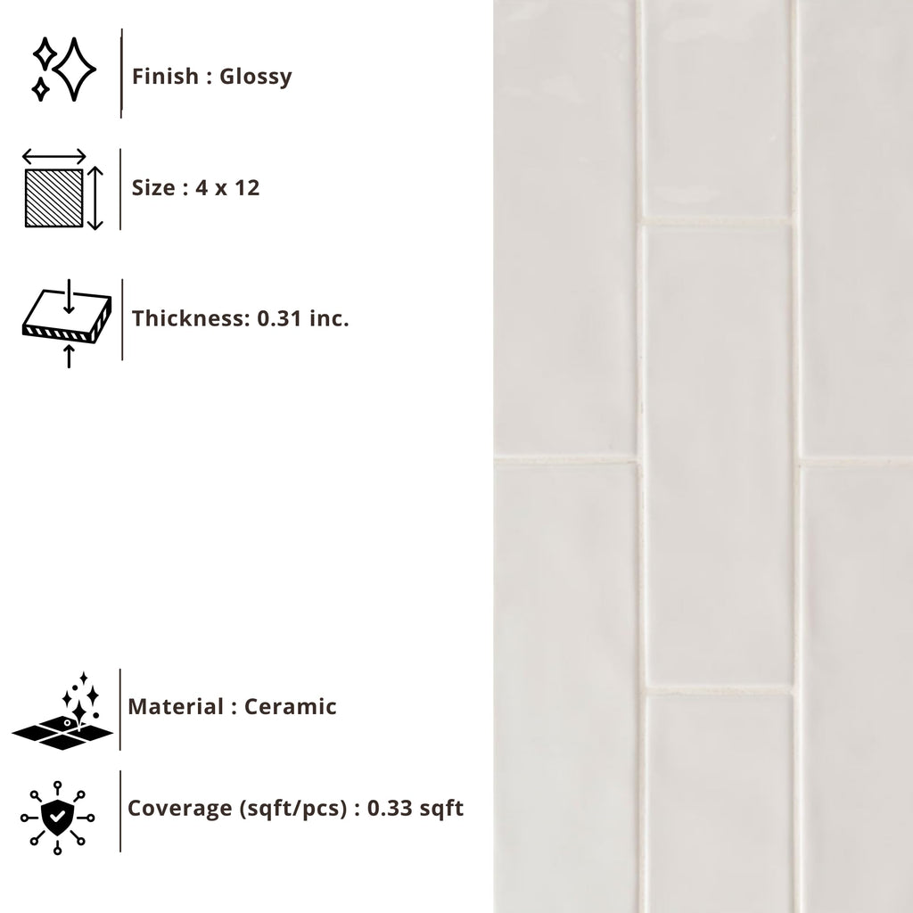 White Glossy Ceramic 4x12 Subway Wall Tile, 1 Piece