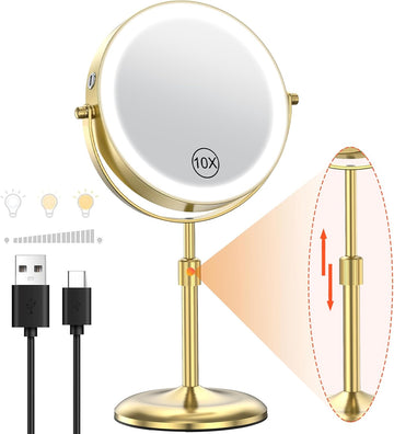 7" Lighted Makeup Mirror with 3 Color Lights & 10X Magnification, Adjustable Brightness & Height, 360° Swivel