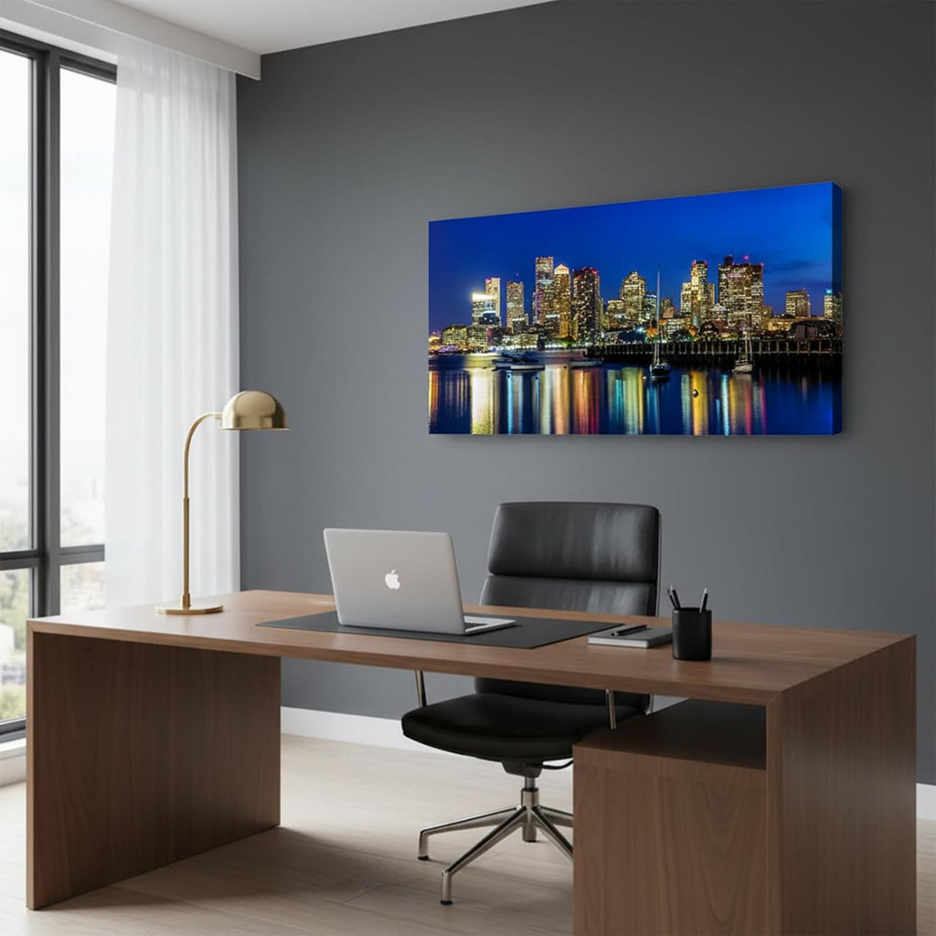 Blue Boston Skyline Canvas Wall Art, USA City Panoramic Night Scene Painting, Large 20"x40" Modern Downtown Skyline