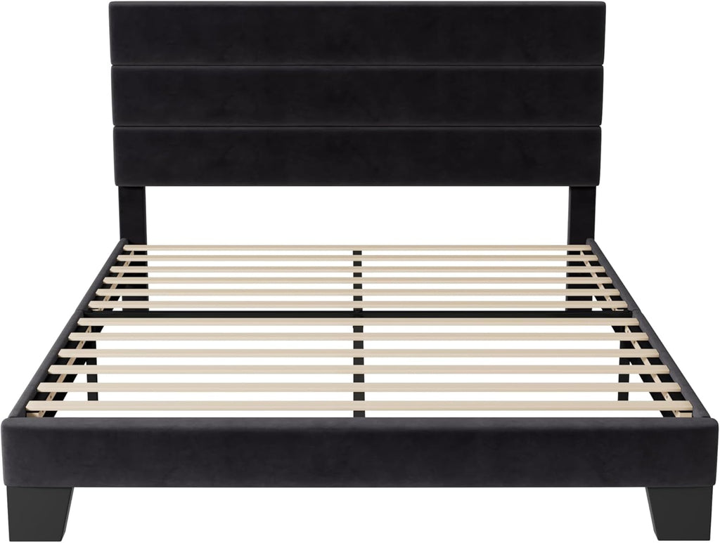 Full Platform Bed Frame with Velvet Upholstered Headboard and Wooden Slats Support