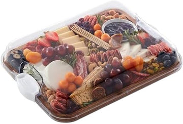 Acacia Wood Cutting Board with Clear Locking Lid, 11x14 Inch Charcuterie Board with Compartments, Reversible Serving