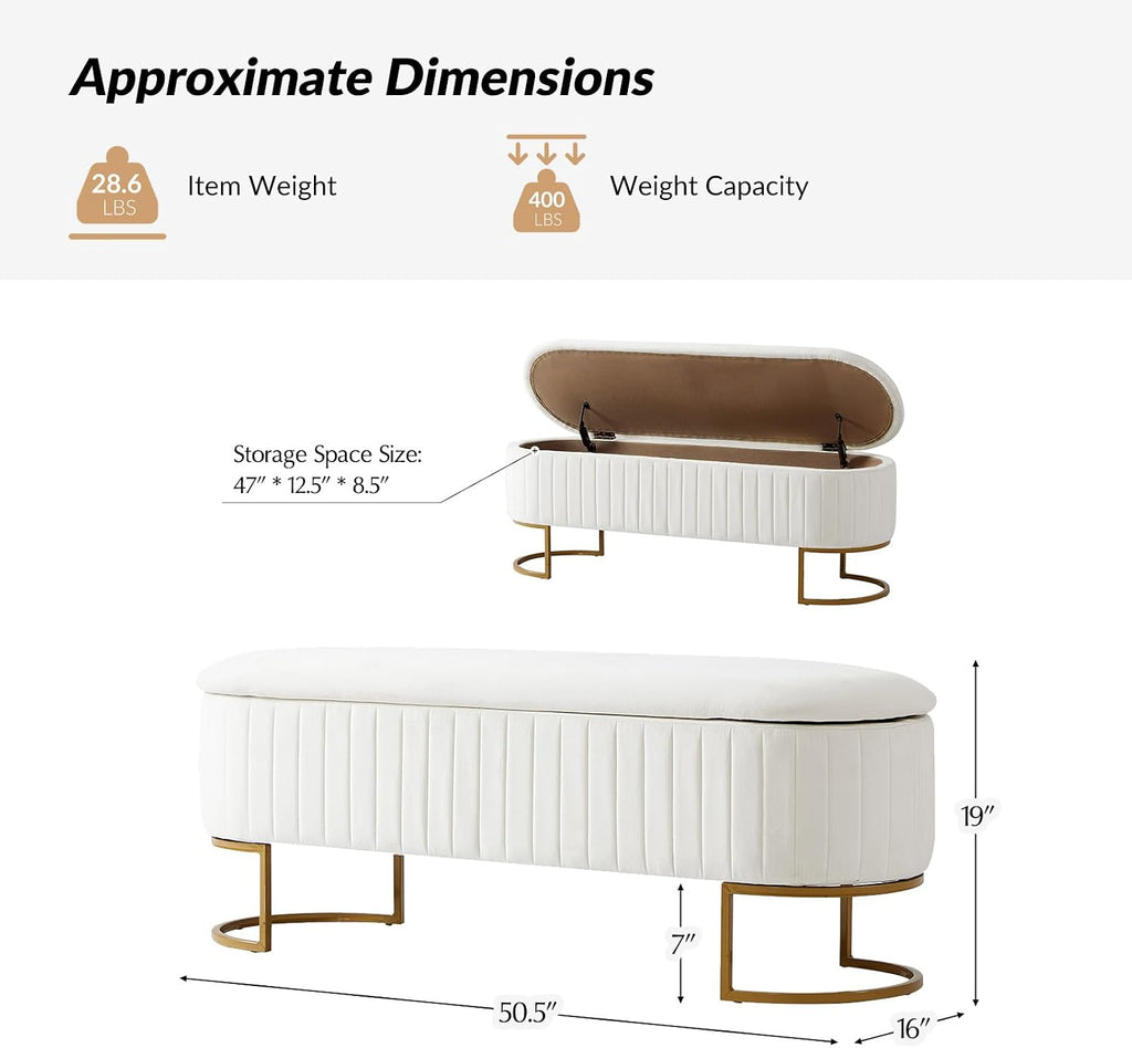 50.5" Velvet Storage Ottoman Bench with Gold-Toned Legs, Luxury Upholstered End of Bed Multi-Functional Footrest &