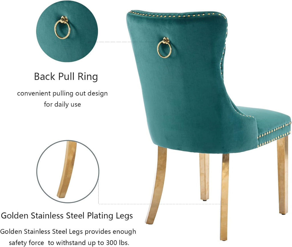Velvet Dining Chairs Set of 6, Upholstered Dining Room Chairs with Back Ring Pull Trim and Golden Stainless Steel