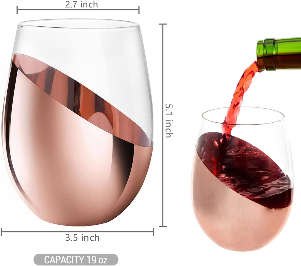 Stemless Wine Glasses Set of 4 - Copper Accent Modern Barware, Elegant Wedding & Celebration Cups with Luxe Metallic