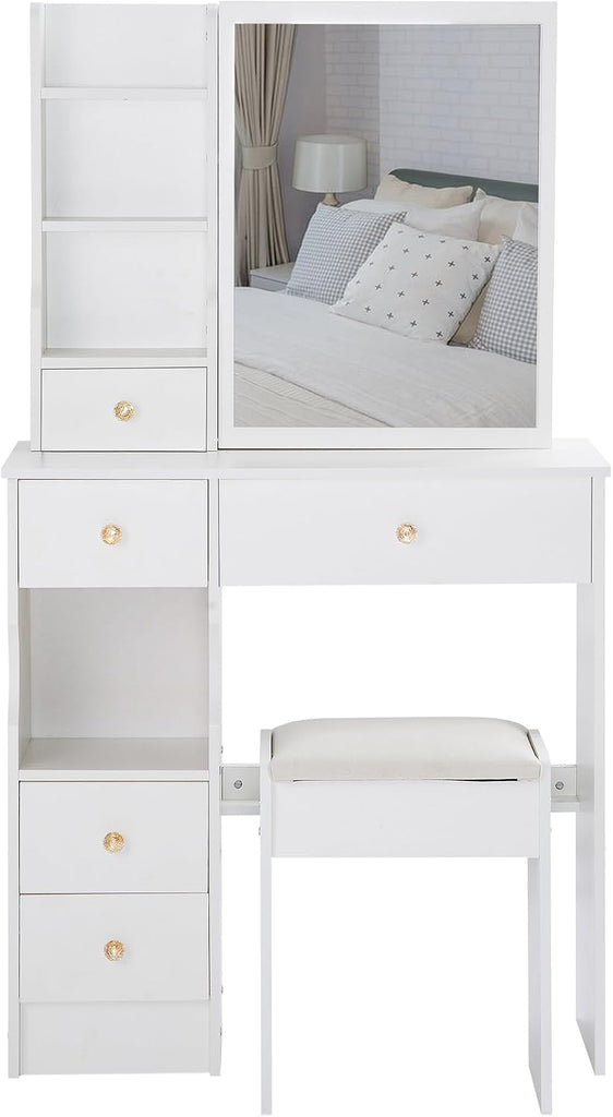 29.2" Small Space Makeup Vanity Table with Stool, Sliding Large Mirror Dressing Desk with Drawer Storage, Compact