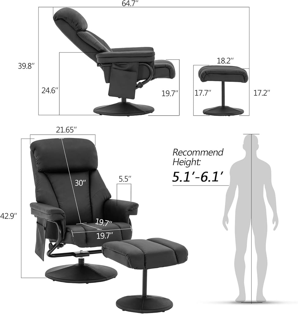 Modern Reclining Swivel Lounge Chair and Ottoman — Black Faux Leather