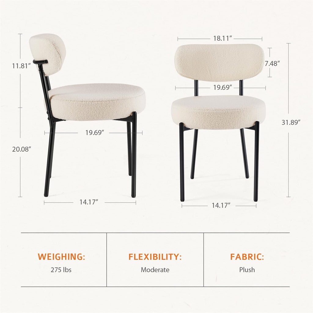 Dining Chairs Set of 2, Mid Century Modern Boucle Upholstered Kitchen Chair with Curved Backrest & Metal Legs for Home/Living Room/Bedroom/Office-White