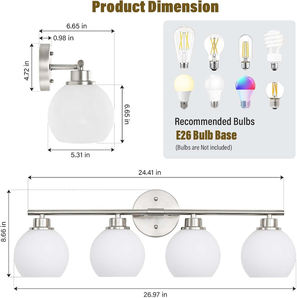 Brushed Nickel Bathroom Light Fixtures, 4-Light Vanity Light Over Mirror | Modern Bathroom Lighting Over Mirror, Wall