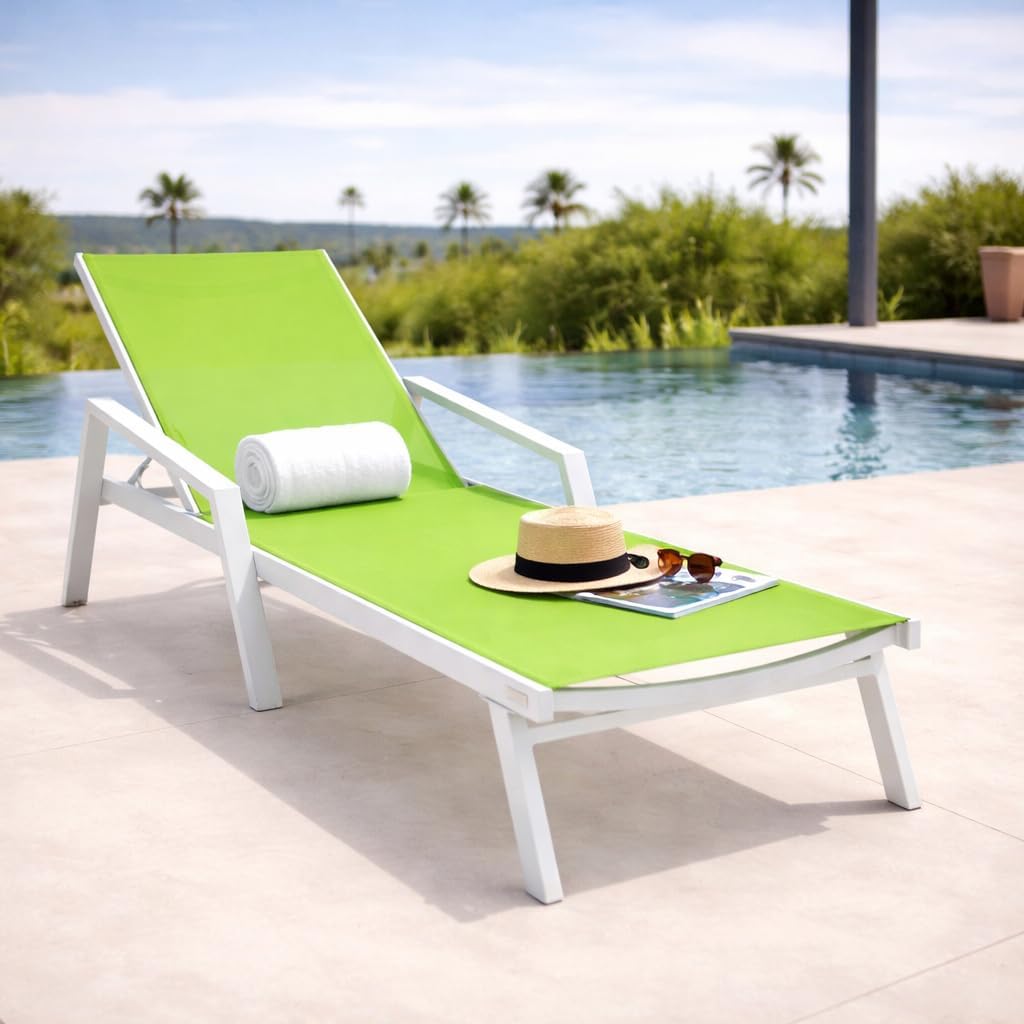 Marlin Patio Chaise Lounge Chair, Adjustable Outdoor White Aluminum Lounge with Breathable Mesh Sling Back