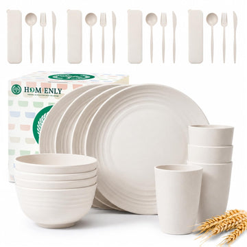 Kitchen Plates and Bowls Sets, Wheat Straw Dinnerware Sets 28 Pcs