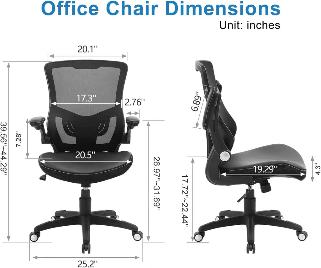 Ergonomic Desk Chair, Computer PU Leather Home, Swivel Mesh Back Adjustable Lumbar Support Flip-up Arms Executive