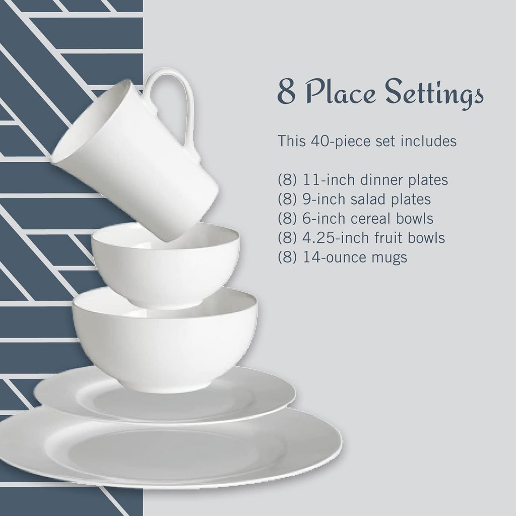 Delray 40-Piece Bone China Dinnerware Set, White Round Dishes for 8