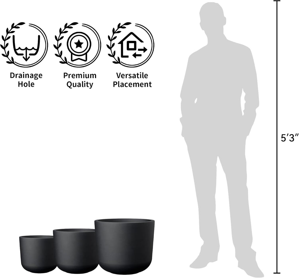 Set of 3 Black Concrete Capsule Planters 13.1" 11" 13.1" Dia | Drainage for Outdoor, Rubber Plug for Indoor Home