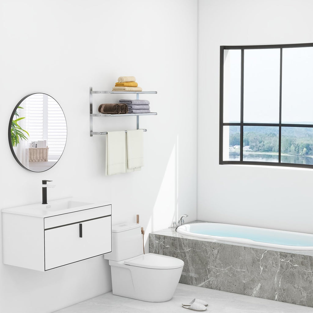 Bathroom Towel Rack with Bars, 24 Inch Towel Shelf, Brushed Nickel | 3-Tier Hotel Towel Racks Wall Mounted, Bath