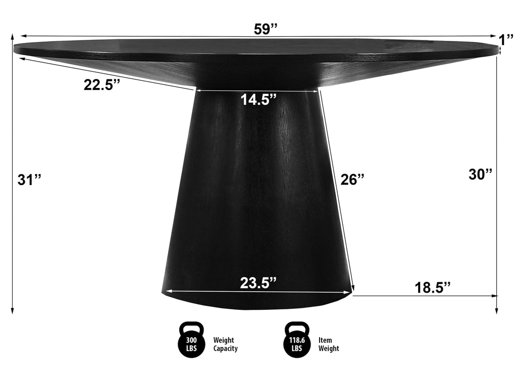 Terra 59" Transitional Round Dining Table with Pedestal Base, Black