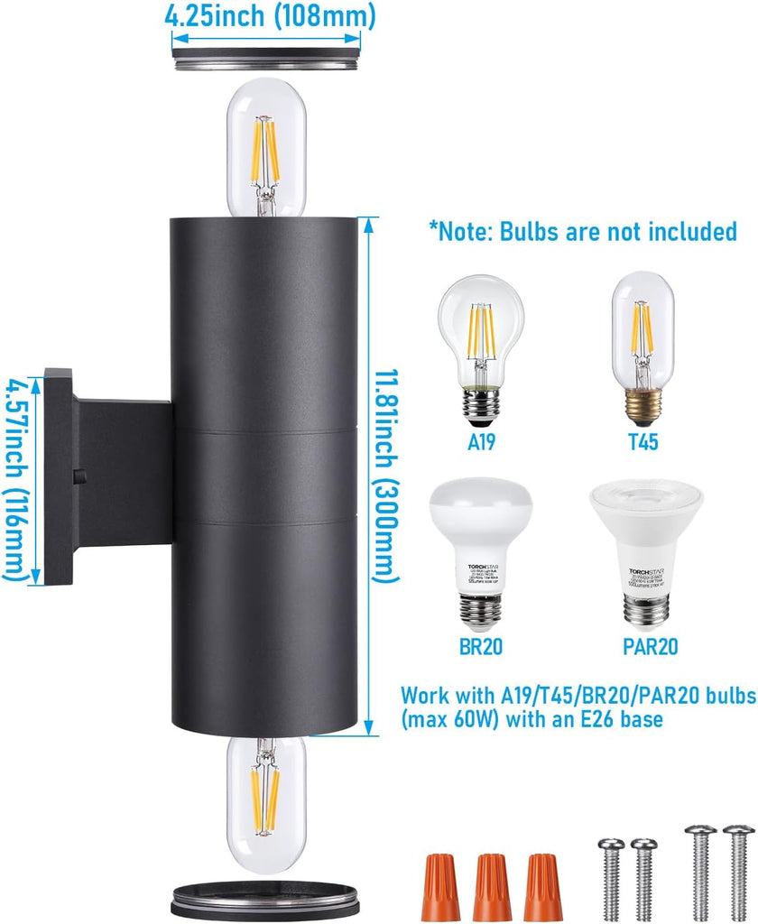 Modern Outdoor Cylinder Wall Lights 12", Up and Down Porch Patio Lights, Matte Black Waterproof Wall Sconce, Aluminum