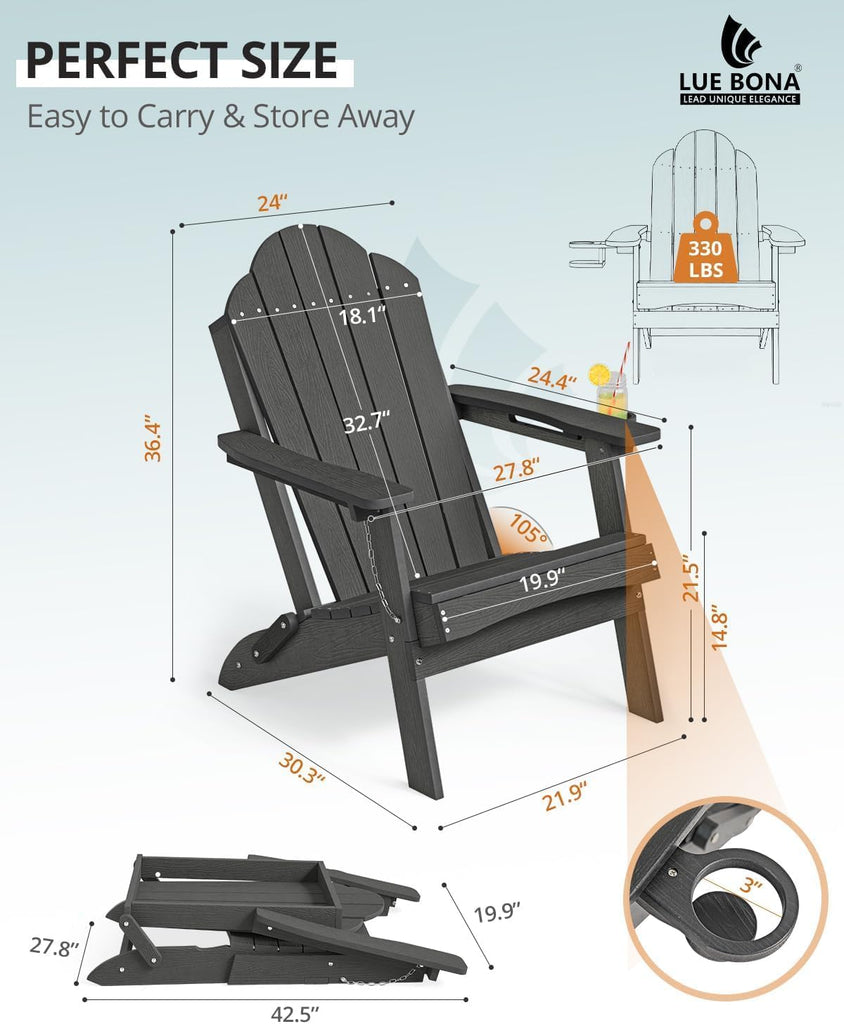 HDPE Folding Adirondack Chairs Set of 4, Black Fire Pit Chairs | All-season weather resistant, ergonomic comfy