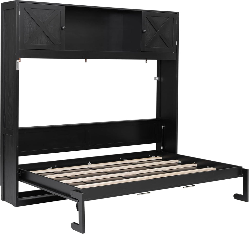 Queen Murphy Bed with Storage Cabinets, Wood Murphy Bedframe with Bookcase Shelves, Folding Wall Bed Cabinet for Adults (Black)
