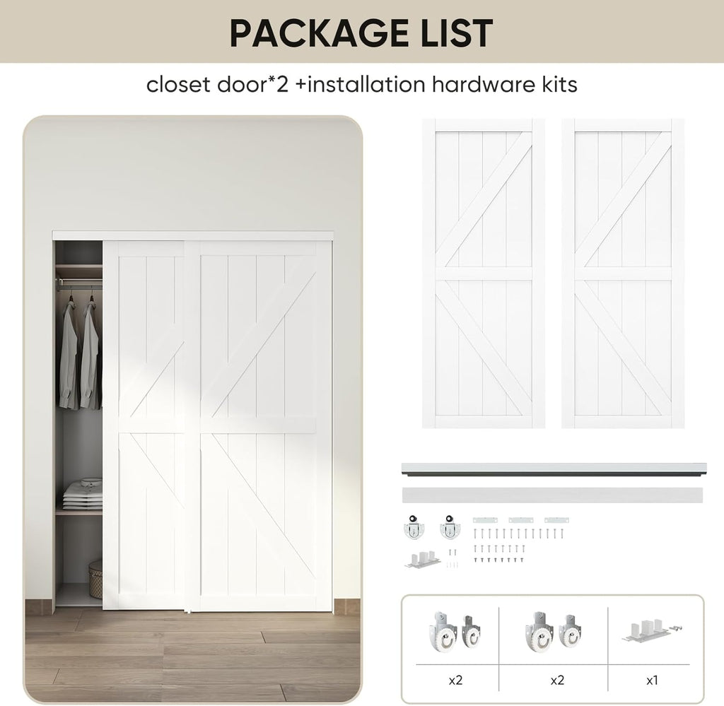 60"(Double 31") x80" Sliding Closet Door, K Style Bypass Closet Door with Hardware Kit & Matching Fa