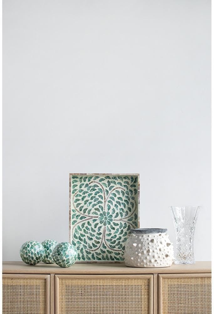 Set of 3 Ceramic and Capiz Decorative Spheres - Handcrafted Green Leaf Mosaic Orbs Decor, Tabletop Accent, Shelf