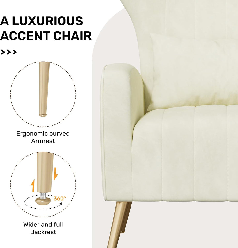 Velvet Accent Chair Wingback , High Back Arm Chair with Golden Legs Lumbar Pillow, Upholstered Single Sofa Bedroom