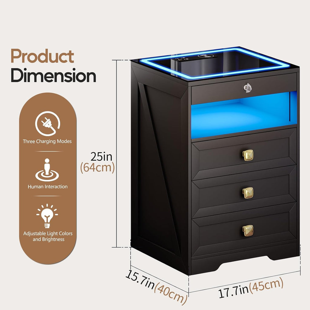 Smart Nightstand with Lockable Gun Drawer,Farmhouse Bedside Table with Charging Station and 3 LED Lights, Modern