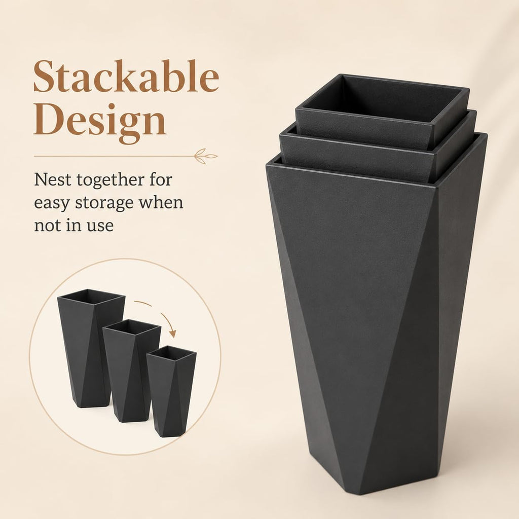Tall Large Planters Set of 3, Modern Stackable Outdoor Flower Pots with Drainage Holes, Geometric Geometric