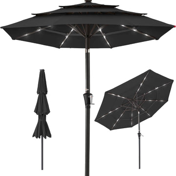 10ft 3-Tier Solar Patio Umbrella, Outdoor Market Sun Shade w/ 24 LED Lights, Tilt Adjustment, Easy Crank, 8 Ribs - Black