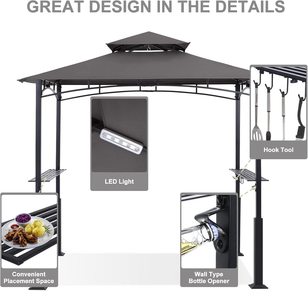 8x5 Grill Gazebo - Outdoor BBQ Canopy Shelter with Led Light Grilling (Dark Gray)
