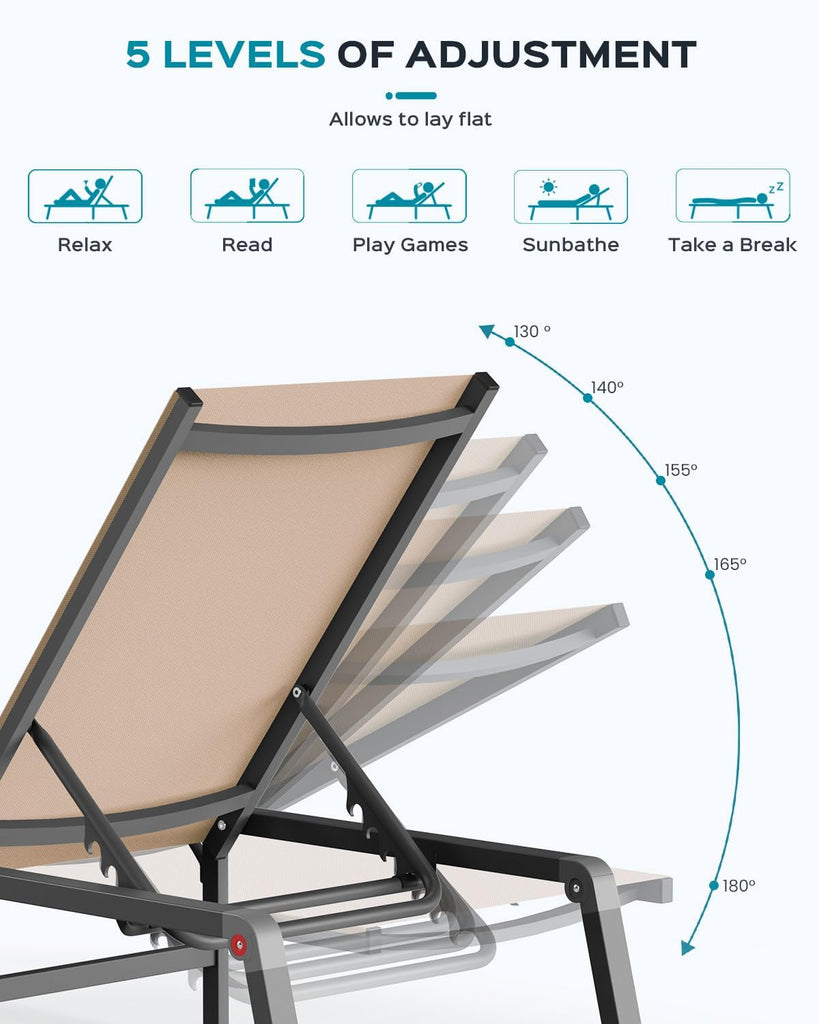 Aluminum Chaise Lounge Ourdoor - Foldable & Assemble Free Outdoor Lounge Chair with 5 Adjustable Backrest, Patio