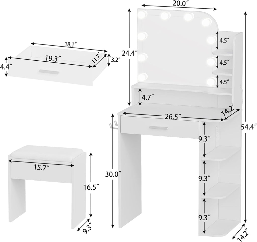 Small Vanity, Set with Big Mirror, Lights & Chair, for Girls, White | Small footprint, huge storage, 14.2×26.5×54.4"