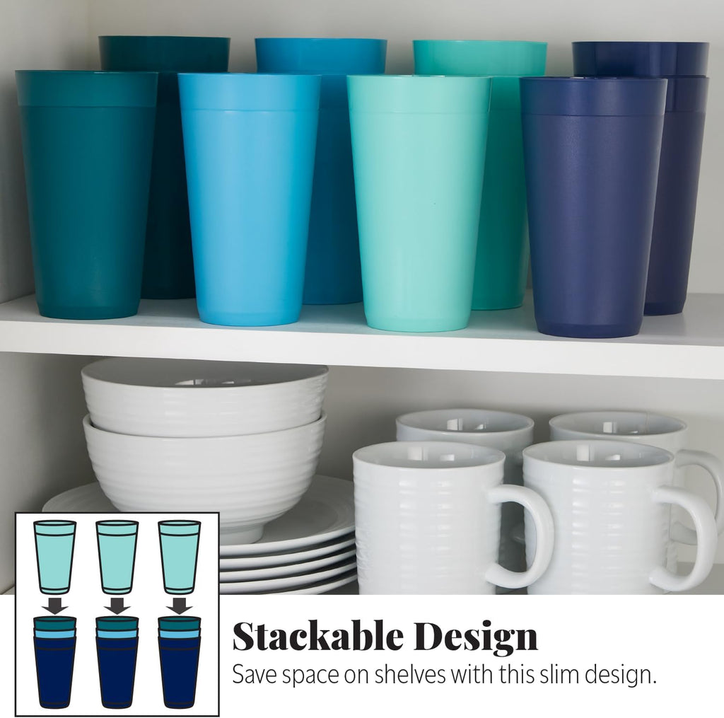 Newport 20 ounce Unbreakable Plastic Stackable Water Tumblers in 4 Coastal Colors | Set of 12 Drinking Cups |