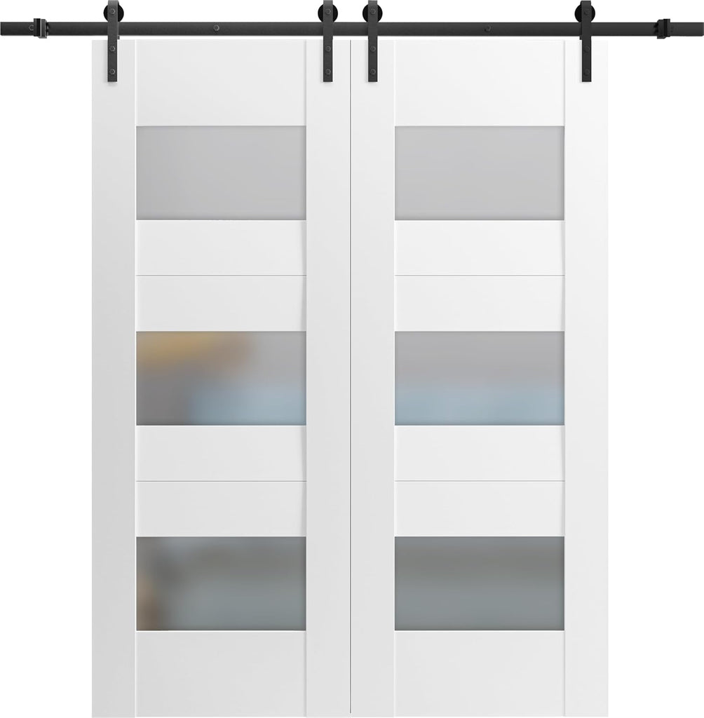 Modern Double Barn Door 60x96 inches with Opaque Glass/Sete 6003 White Silk / 13FT Rail Track Set/So