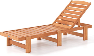 Solid Wood Chaise Lounge, Outdoor Lounge Chair Teak Oil Finished | 5-Position Adjustable Backrest, Wooden Patio