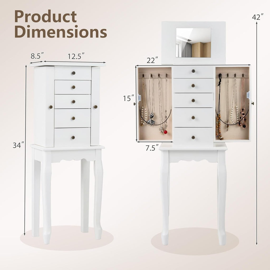 Standing Jewelry Armoire Cabinet with 4 Drawers, Flip Top Mirror, Top Storage Compartments, 2 Side Doors with 8