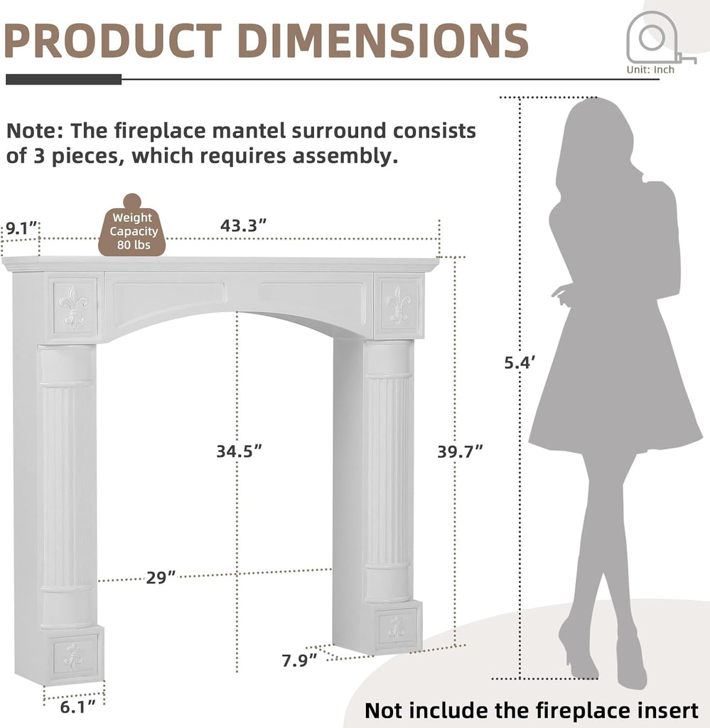 White Surround, Modern Freestanding Surround Mantel for Electric Fireplaces, Waterproof & Anti-Tipping, Grade A MDF