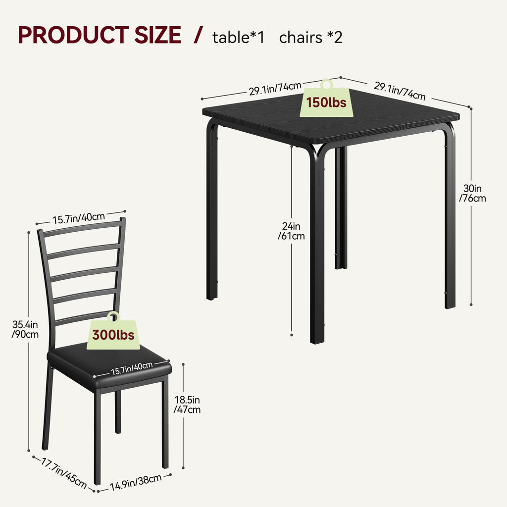 3-Piece Kitchen Dining Room Table Chair Set for Small Space, Indoor Modern Dinette Set for 2, Square Dinner Table Set